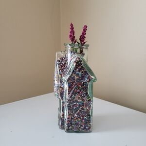 Vintage Clear Glass House Shaped Bottle Filled w Spare Diamond Painting Stones